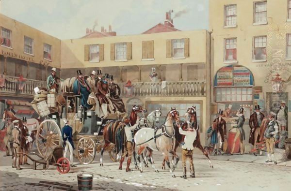 Coach And Horses Outside A Hotel In London Oil Painting by Charles Cooper Henderson