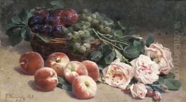 Basket Of Fruit And Roses Oil Painting by Pierre Bourgogne