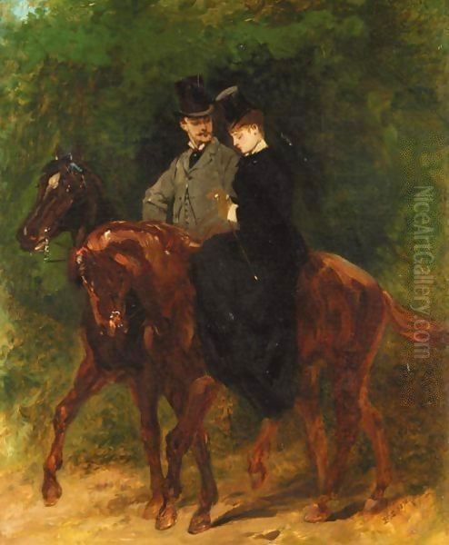 A Couple Out Riding Oil Painting by Jean Baptiste Edouard Detaille