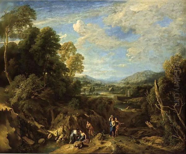 An Extensive River Landscape With Classical Figures Conversing And Mountains Beyond Oil Painting by Jan Baptist Huysmans