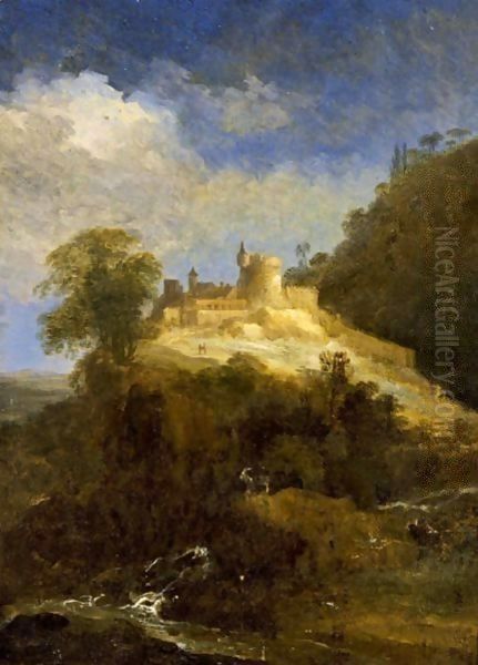 A Mountainous Landscape With A Goat Near A Stream And Travellers On A Path Towards A Castle Oil Painting by Adriaen Van Diest