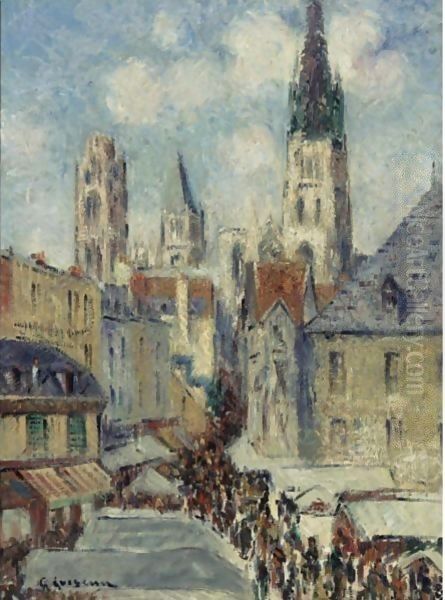 La Rue De L'Epicerie A Rouen, Jour De Marche Oil Painting by Gustave Loiseau