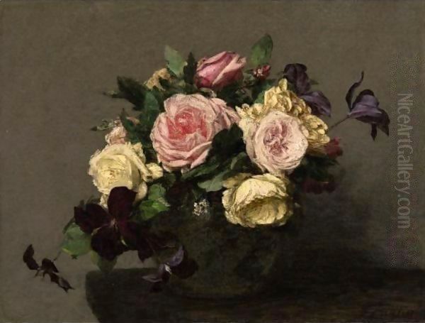 Roses Et Clematites Oil Painting by Ignace Henri Jean Fantin-Latour