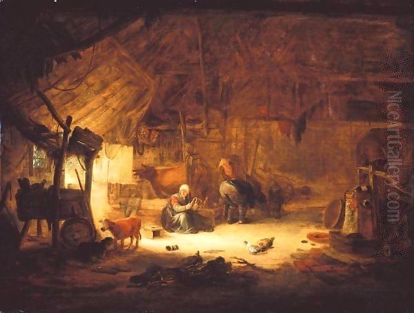 The Interior Of A Barn With Figures And Animals Oil Painting by Isaack Jansz. van Ostade