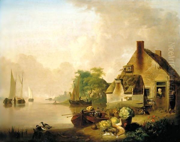 A River Landscape With Moored Sailing Boats And A Village Behind, A Still Life Of Cabbages, Carrots, Hares And A Black Hen In The Foreground Oil Painting by Jan van Os