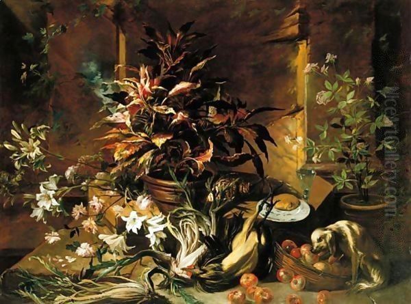 Still Life With Potted Plants And Roses, A Dog, A Basket Of Apples, Fennel, And A Semi-Plucked Rooster, A Bread Roll On A Plate And A Wine-Glass Oil Painting by Niccolino Van Houbraken