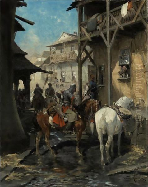 Soldiers Stopping For Rest Oil Painting by Alfred Wierusz-Kowalski