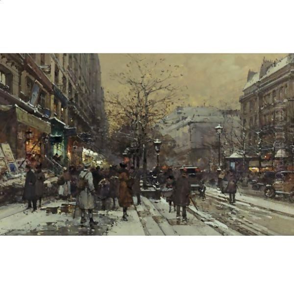 Le Boulevard Bonne Nouvelle At Winter Oil Painting by Eugene Galien-Laloue