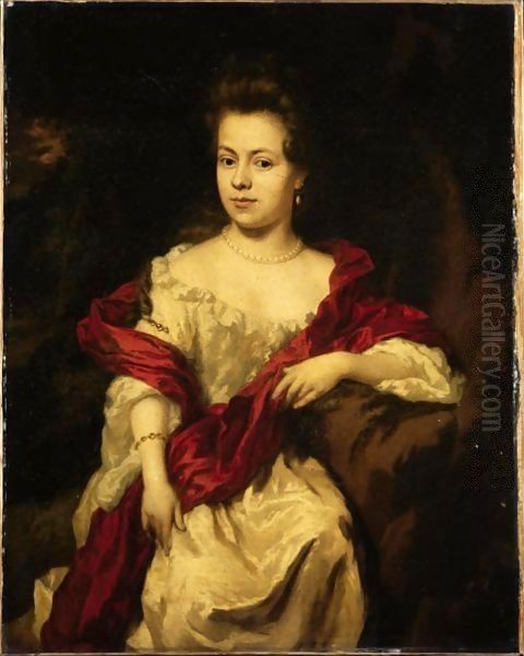 Portrait Of A Lady, Three-Quarter Length, Wearing A White Silk Dress With A Red Wrap Oil Painting by Nicolaes Maes