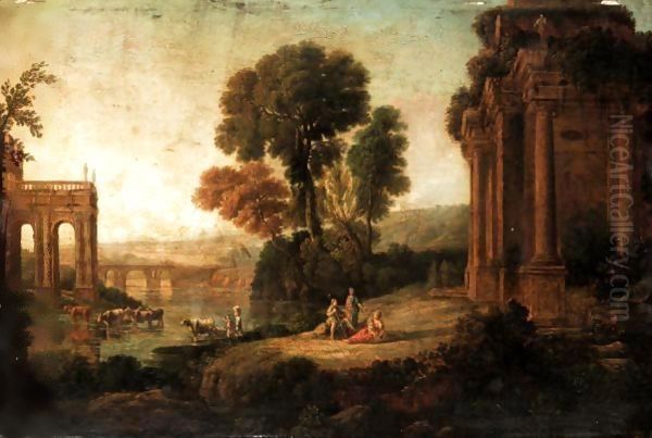 Classical Landscape With Arcadian Figures Before Ruins Beside The River Oil Painting by Claude Lorrain (Claude Gellee)