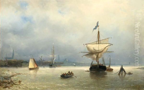 Sailing Vessels In An Estuary, Amsterdam In The Distance Oil Painting by Nicolaas Riegen