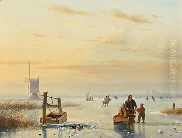 Skaters On A Frozen Waterway, Windmills In The Distance Oil Painting by Nicolaas Johannes Roosenboom