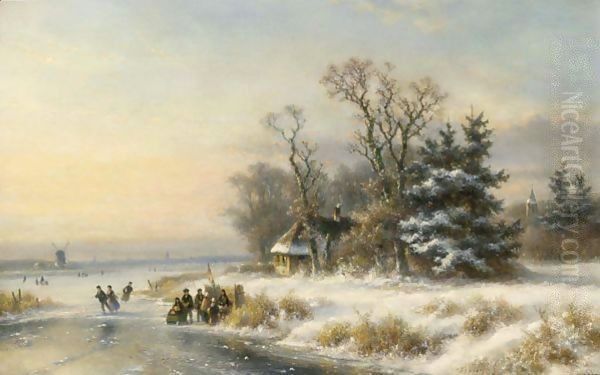 A Winter Landscape With Skaters Near A A'Koek En Zopie A' Oil Painting by Lodewijk Johannes Kleijn