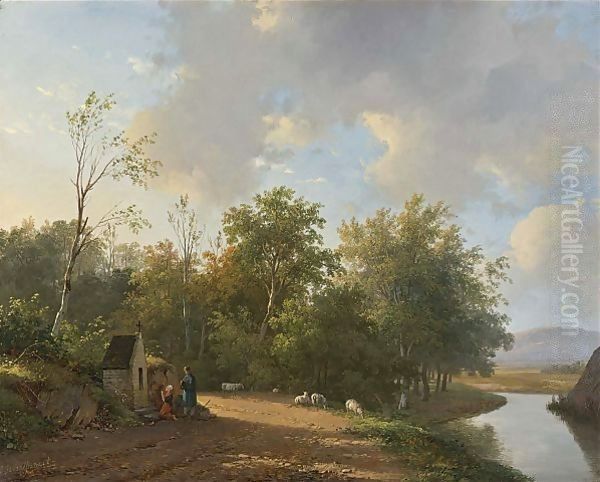 Travellers At Rest In A Summer Landscape Oil Painting by Andreas Schelfhout