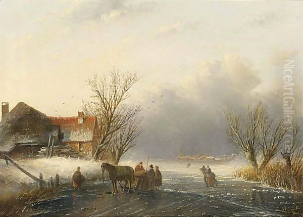 A Winter Landscape With A Horse-Sledge On The Ice Oil Painting by Jan Jacob Coenraad Spohler