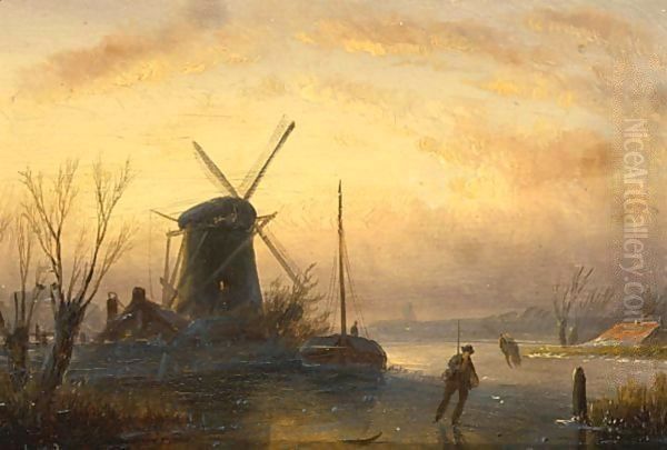 A Winter Landscape With Skaters Near A Windmill Oil Painting by Jan Jacob Coenraad Spohler