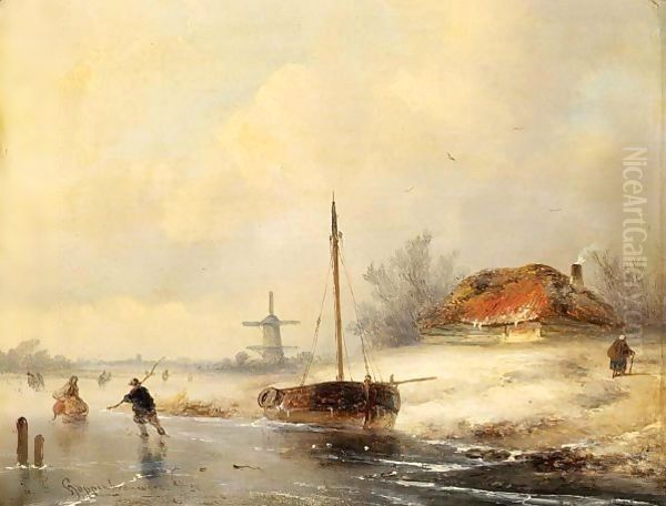 Skaters On A Frozen Waterway by Johannes Franciscus Hoppenbrouwers