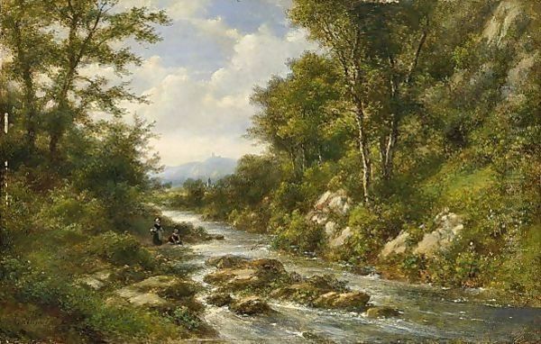 Washer Women Near A Stream In A Wooded Landscape Oil Painting by Lodewijk Johannes Kleijn