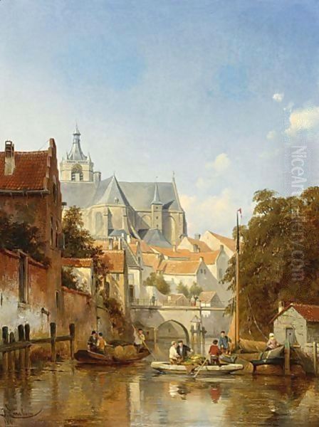 A Town Scene With Figures On A Canal Oil Painting by Jacques Carabain