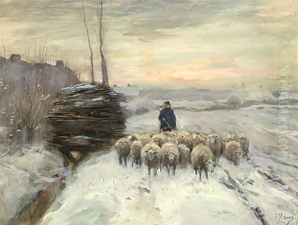 A Shepherd With His Flock In A Winter Landscape Oil Painting by Anton Mauve