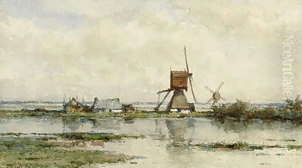 Windmills In A Polder Landscape Oil Painting by Willem Roelofs