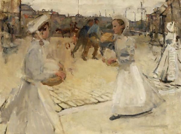 A'Meisjes Op De Munt A' (Servant Girls On The Muntplein, Amsterdam) Oil Painting by Isaac Israels