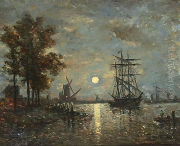 Bateaux En Hollande, Claire De Lune Oil Painting by Johan Barthold Jongkind