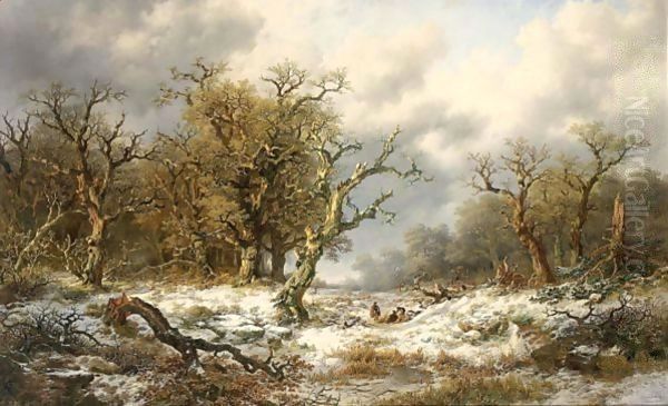 Travellers In An Extensive Snow Covered Landscape Oil Painting by Remigius Adriannus van Haanen