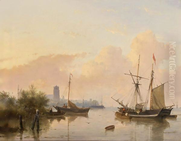 Ships On A River Near Dordrecht Oil Painting by Andreas Schelfhout