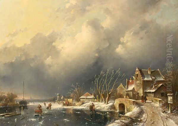 A Winter Landscape With Skaters Near A A'Koek En Zopie A' Oil Painting by Charles Henri Leickert