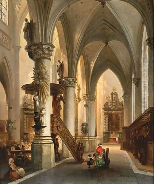 Figures In A Church Interior Oil Painting by Jules Victor Genisson