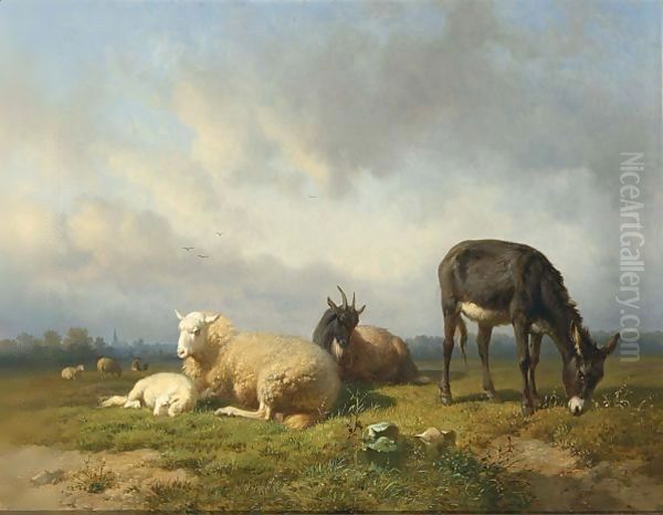 Cattle In A Meadow, A Village In The Distance Oil Painting by Louis Marie Dominique Romain Robbe