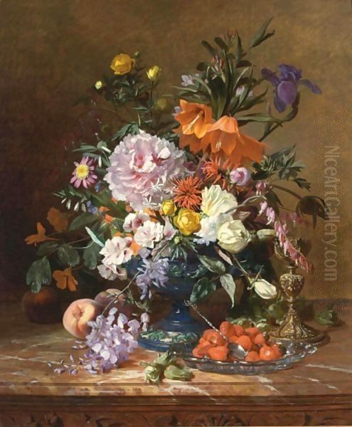 A Still Life With Flowers And Fruit Oil Painting by David Emil Joseph de Noter