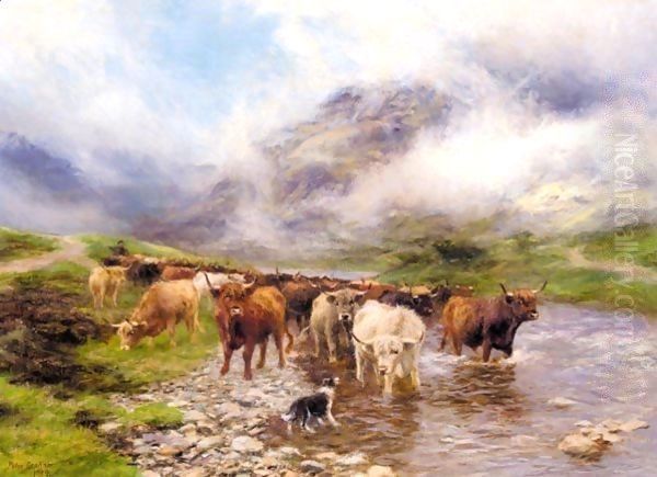 Fording Highland Cattle Oil Painting by Peter Graham