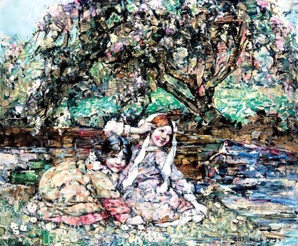 Girls Under The Blossom Tree Oil Painting by Edward Atkinson Hornel