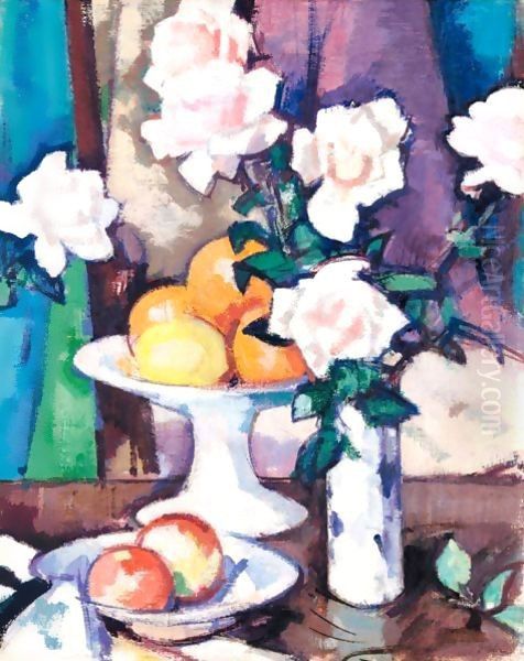 Still Life With Pink Roses And Oranges Oil Painting by Samuel John Peploe