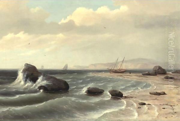 An American Shore Scene Oil Painting by Thomas Birch