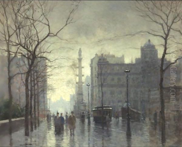 Rainy Day, Columbus Circle Oil Painting by Paul Cornoyer