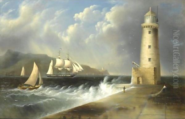 Seascape With Lighthouse Oil Painting by Edmund C. Coates