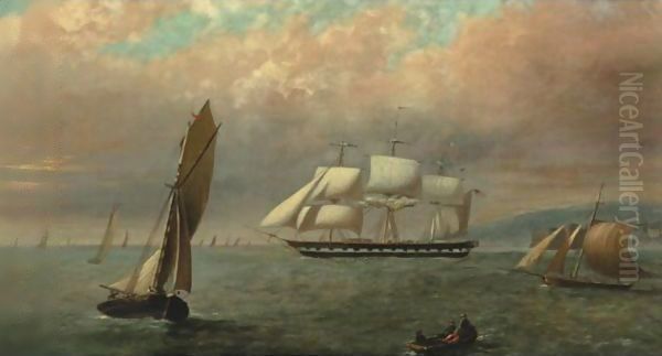 American Ship Outside Harbor Oil Painting by John O'Brien Inman