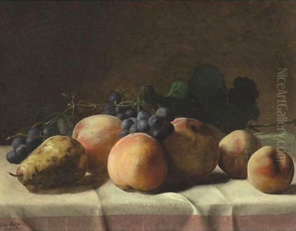 Grapes, Peaches And Pear On A Table Oil Painting by George Hetzel