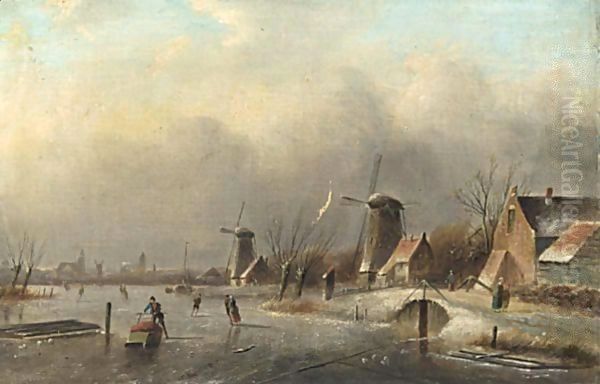 Winter Landscape With Several Skaters On A Frozen Waterway Oil Painting by Jan Jacob Coenraad Spohler