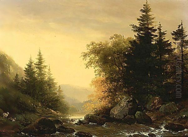 A Mountainous Landscape Oil Painting by Hendrikus van den Sande Bakhuyzen