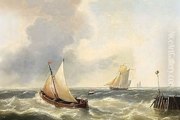 Sailingvessels In A Stiff Breeze, A Pair Oil Painting by Louis Verboeckhoven