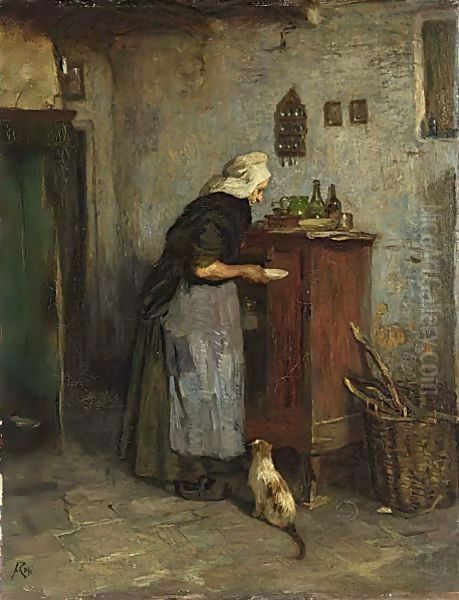 Feeding The Cat Oil Painting by Jacques Abraham Zon