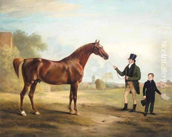 Mr Powell And Son With His Stallion, Norton, A Distant View Of Melton Mowbray Beyond Oil Painting by John Snr Ferneley