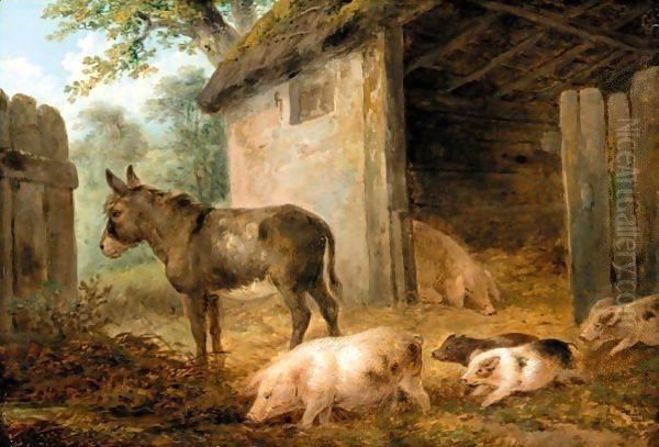 Pigs And A Donkey In A Farmyard Oil Painting by James Ward