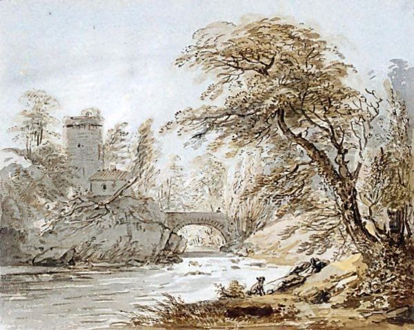 A Traveller And His Dog By A River, A Bridge And Tower Beyond Oil Painting by Paul Sandby