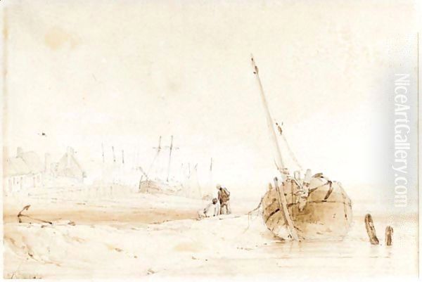 A Fishing Boat Beached At Low Tide Oil Painting by Richard Parkes Bonington