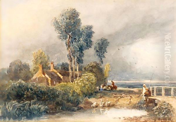 Children Fishing By A Bridge, Cottages Beyond Oil Painting by David Cox